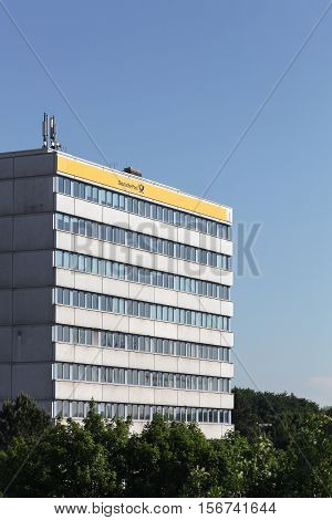 Kiel, Germany - June 4, 2016: German post called Deutsche Post in German building in Kiel. Deutsche Post operating under the trade name Deutsche Post DHL, is a German courier company and the world's largest