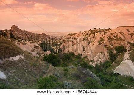 Pigeon valley and Ushisar castle in Cappadocia Central Anatolia Turkey