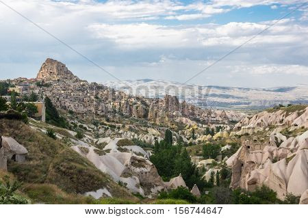 Pigeon valley and Ushisar castle in Cappadocia Central Anatolia Turkey