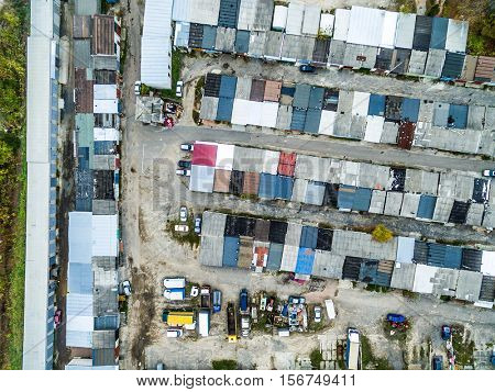 Aerial view - roofs of the old garages from high