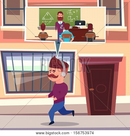 Online learning composition with hipster character on run with headphones audio lessons and classroom thought bubble vector illustration
