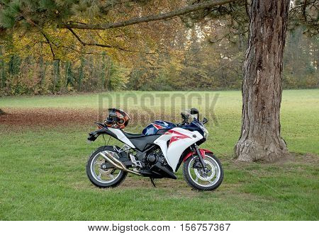 STRASBOURG FRANCE - NOV 1 2016: Beautiful sport motorcycle HONDA CBR1000RR Fireblade parked in green park environment under pine tree