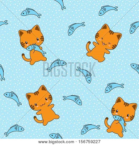 Seamless vector pattern with cute cats and fishes