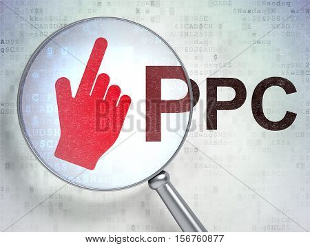 Advertising concept: magnifying optical glass with Mouse Cursor icon and PPC word on digital background, 3D rendering