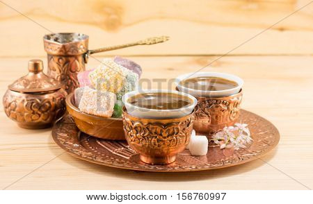 Coffee And Turkish Delight In A Copper Cups