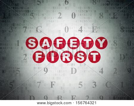 Protection concept: Painted red text Safety First on Digital Data Paper background with Hexadecimal Code