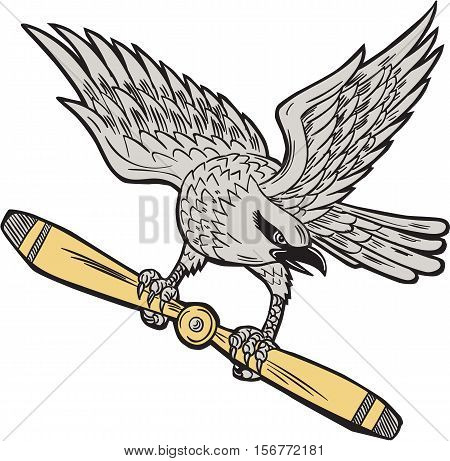 Illustration of a shrike a carnivorous passerine birds of the family Laniidae clutching propeller blade looking to the side viewed from front set on isolated white background done in retro style.