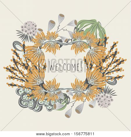 Floral frame. Hand drawn creative flower. Colorful artistic background with blossom. Abstract herb. It can be used for invitation flyer card. Vector illustration eps10