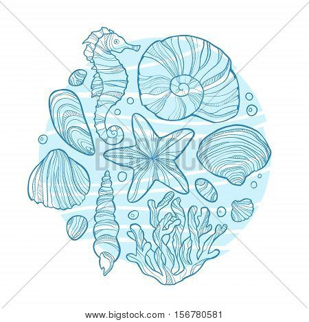 Hand drawn monochrome sketch of little scallop shell isolated on white background. Art vector stylized illustration.