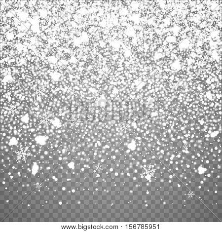 Isolated Christmas falling snow overlay on transparent background. Snowflakes storm layer. Snow pattern for design. Snowfall backdrop texture. Vector snow illustration