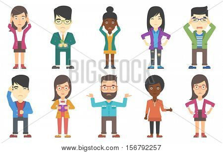 Bankrupt businessman showing his empty pockets. Bankrupt businessman turning his empty pockets inside out. Bankruptcy concept. Set of vector flat design illustrations isolated on white background.