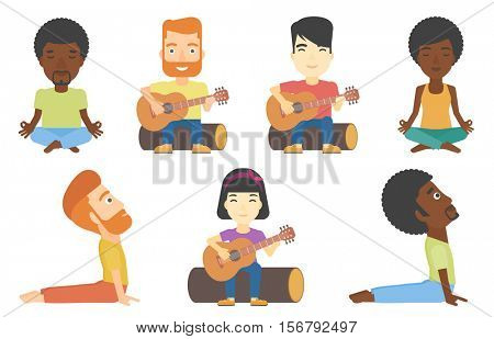Tourist sitting on a log and playing an acoustic guitar. Tourist practicing in playing guitar. Tourist playing guitar in the camp. Set of vector flat design illustrations isolated on white background.