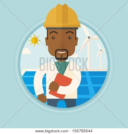 Worker of solar power plant and wind farm. An african-american man with folder on background of solar panel and wind turbine. Vector flat design illustration in the circle isolated on background.