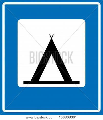 Vector Road Blue Camping Sign. Traffic pictogram for camp area information on blue background in white square black camp outline