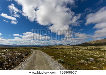Path in Rondane national park norway with blue sky and clouds