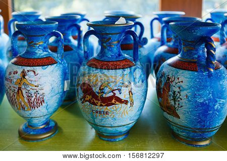 Psychro Cave Greece - October 15 2016: The ceramic native greek jugs in Creta Ceramic Store in a South-West side of the Lassithi plateau