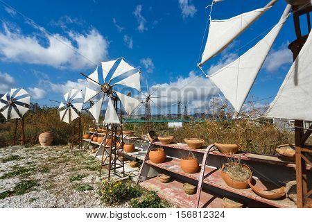 Windmills on the plateau of Lassithi in Crete Greece