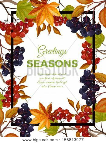 Vector illustration of a poster in a frame of winter berries. Viburnum and chokeberry. Seasonal greetings
