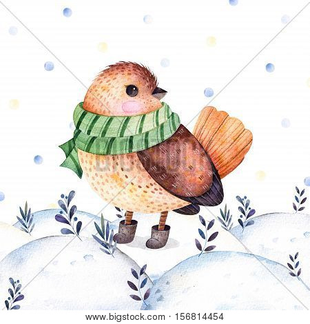 Watercolor handpainted illustration with a cute bird in a green,scarf and boots on winter landscape.