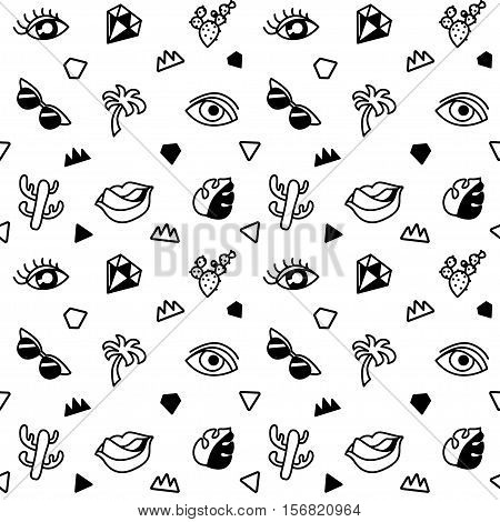 Seamless black and whight pattern with fashion patches. Pop art. Vector background in cartoon 80s-90s comic style. Trend. Lips, eyes, leafs, palms, glasses, cactus. Vector clip-art