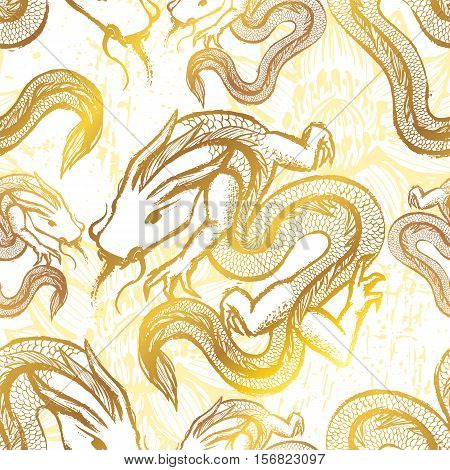Ink hand drawn stylized chinese dragons seamless pattern