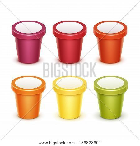 Vector Set of Colored Red Green Orange Yellow Blank Food Plastic Tub Bucket Container For Fruit Berry Dessert Yogurt Ice Cream for Package Design Mock up Close up Isolated on White Background.