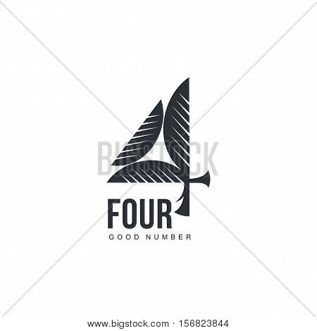 Black and white abstract three dimensional number four logo template, vector illustration isolated on white background. Black and white number four graphic logotype, 3d imitation