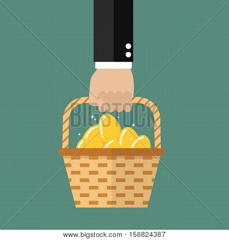Hand holding wicker basket with golden eggs. Vector illustration