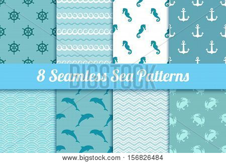 Set of seamless sea patterns. Wave, anchor, dolphin, crab, steering wheel and sea horse vector textures