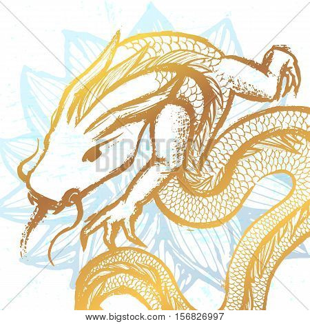 Ink hand drawn stylized chinese dragon illustration on water lily background
