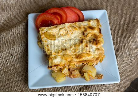 Moussaka - a traditional Balkan specialty with minced meat and potatoes