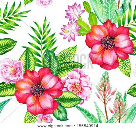 seamless vintage style botanical pattern with camellia, succulents, aloe vera, roses. detailed accurate botanical illustrations.