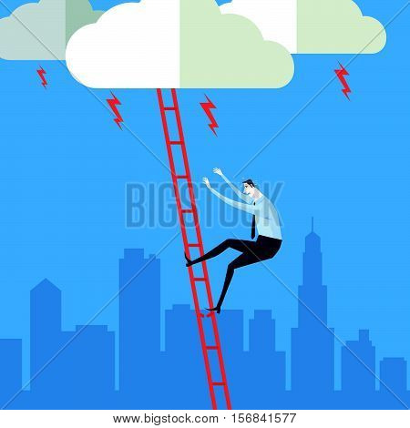 Businessman climbing up a ladder to cloud. Vector Illustration Business concept a ladder Corporate of success.