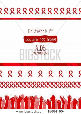 World AIDS Day, 1st December, poster template. Red ribbon, hand drawn design element with seamless side border. Isolated on white. You are not alone