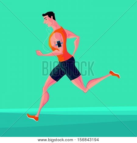 Sporty young man jogger listening to music on smartphone. Runner with smartphone armband. Vector Illustrator.