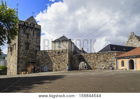 BERGEN, NORWAY - 3 JULY, 2016: This is medieval fortifications Bergenhusen with Rosenkrantz Tower.