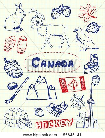 Canada associated symbols. Canadian national, cultural, architectural, nature, sports, tourist related hand drawn doodles on squared paper blue and red pen vector set. Sketched icons