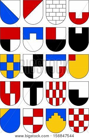 Colorful templates for coats of arms. Set of twenty shields.