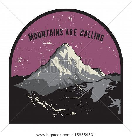 Mountains badge or emblem. Adventure outdoor expedition mountain badge climbing mountain snowy peak mountain label with text Mountains are Calling vector illustration