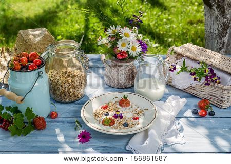 Oatmeal With Fruit And Milk On Old Wooden Table
