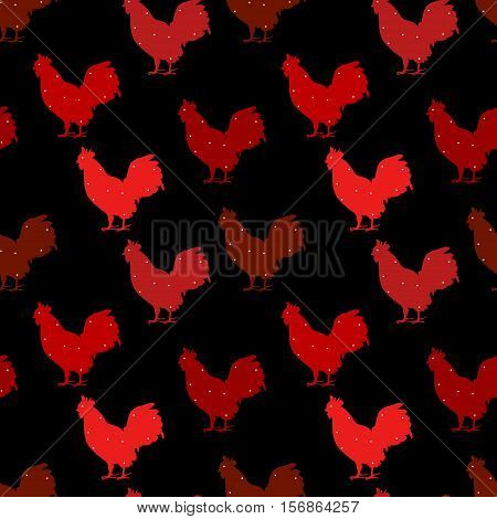 Seamless polka dot pattern with color silhouette rooster. Christmas ornament. Vector background.