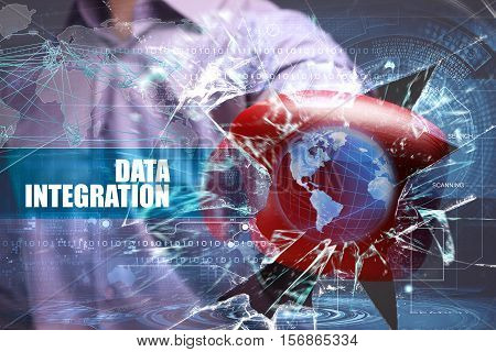 Business, Technology, Internet And Network Concept. Young Businessman Breaks The Virtual Future Of T