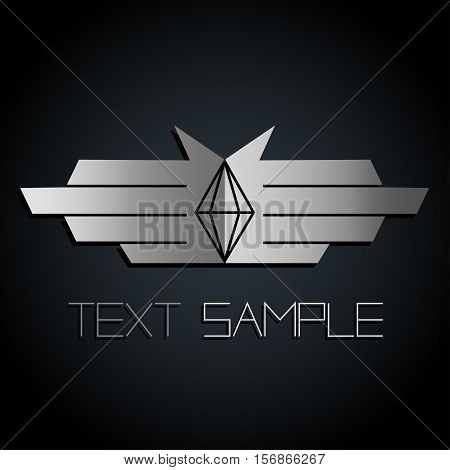 Silver or steel emblem of the hands or wings with gray stone or crystal on black background. Vector logo. Use for identity, ad, jewelry company.