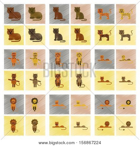 assembly flat shading style icons of cartoon tiger lion panther leopard
