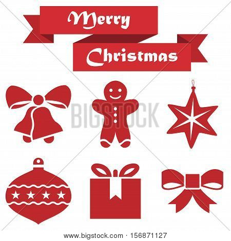 Set of Christmas icons on a white background with ribbon