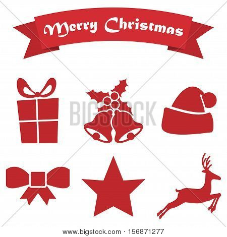 Set of Christmas icons on a white background with ribbon