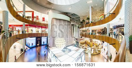 DUBAI - NOVEMBER 08 2016: The Dubai Mall linterior. The Dubai Mall located in Dubai it is part of the 20-billion-dollar Downtown Dubai complex and includes 1200 shops.