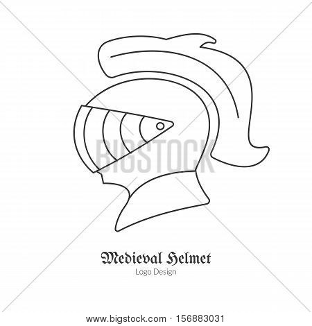 Medieval Knight protection helmet. Single logo in modern thin line style isolated on white background. Outline medieval theme symbol. Simple mono linear pictogram. Stroke vector logotype template.