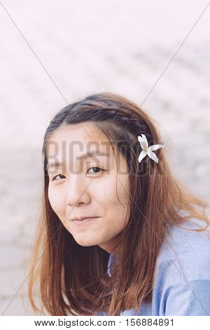 Young Hipster Woman, Chinese Women In Happy Movement. To The Lake Enjoy Nature And Fresh Air At The