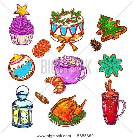 Isolated christmas food elements set with cartoon sketch images of turkey cookies and holiday sweets examples vector illustration